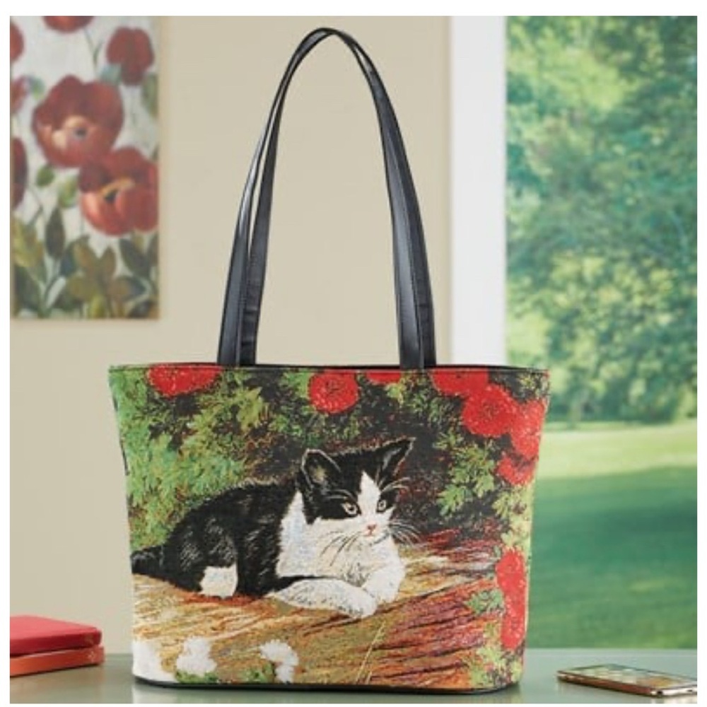 Floral Cat Print Tote Bag - Black and Red